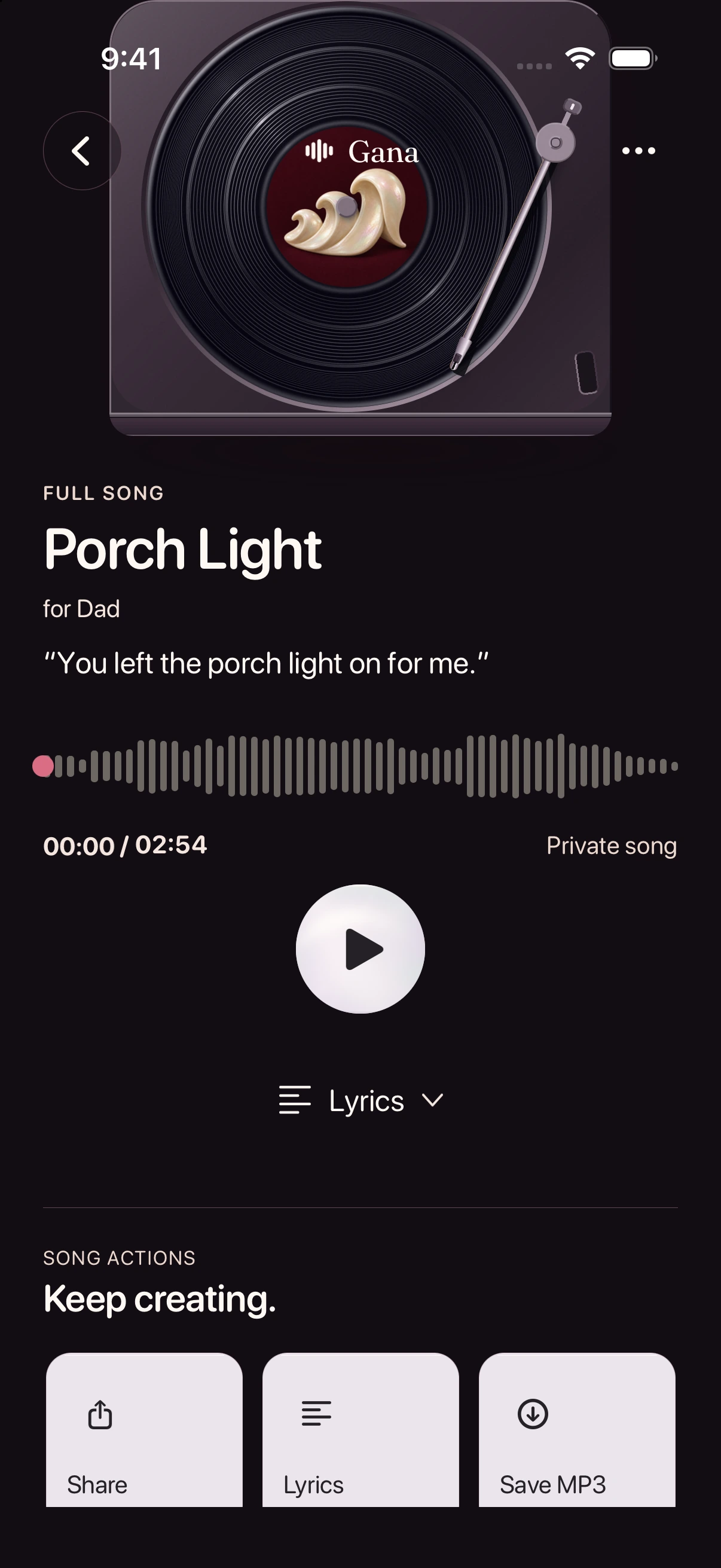 Gana Song Room capture with an illustrative song, Porch Light for Dad
